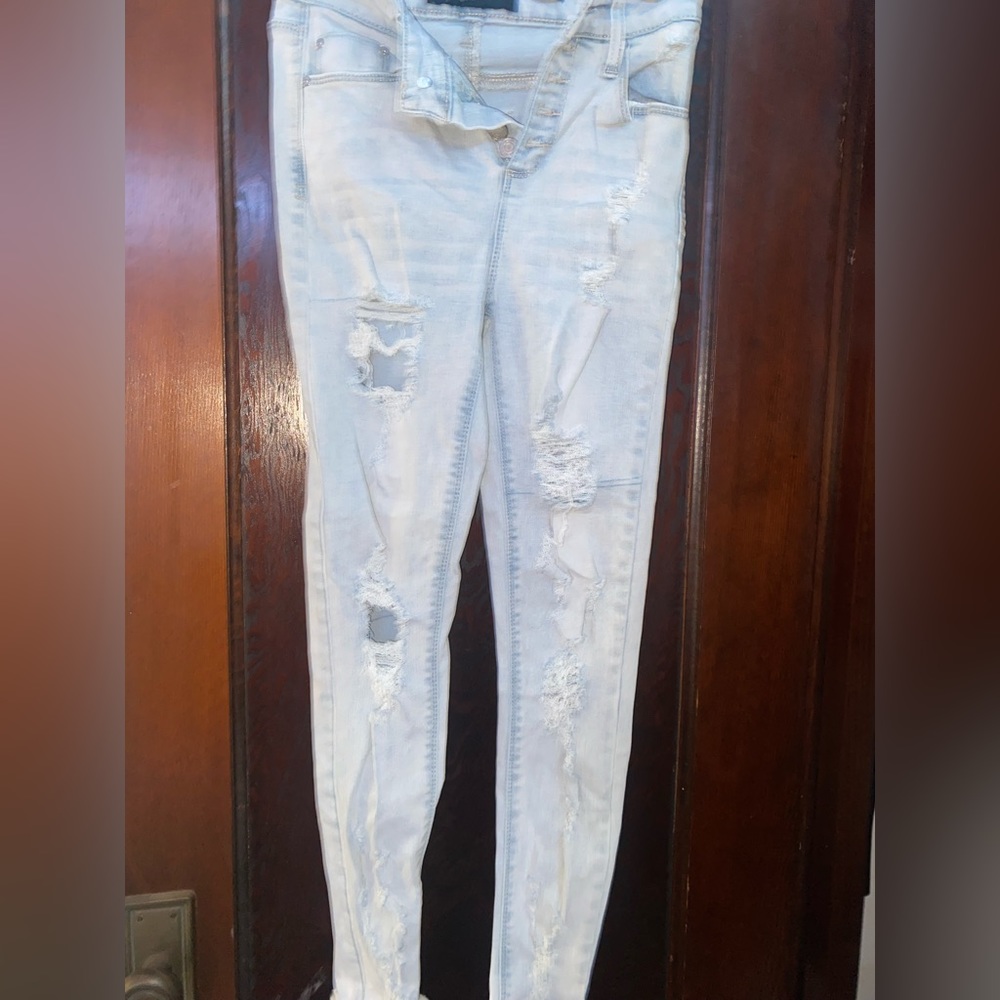 blue high wasted ripped skinny jeans